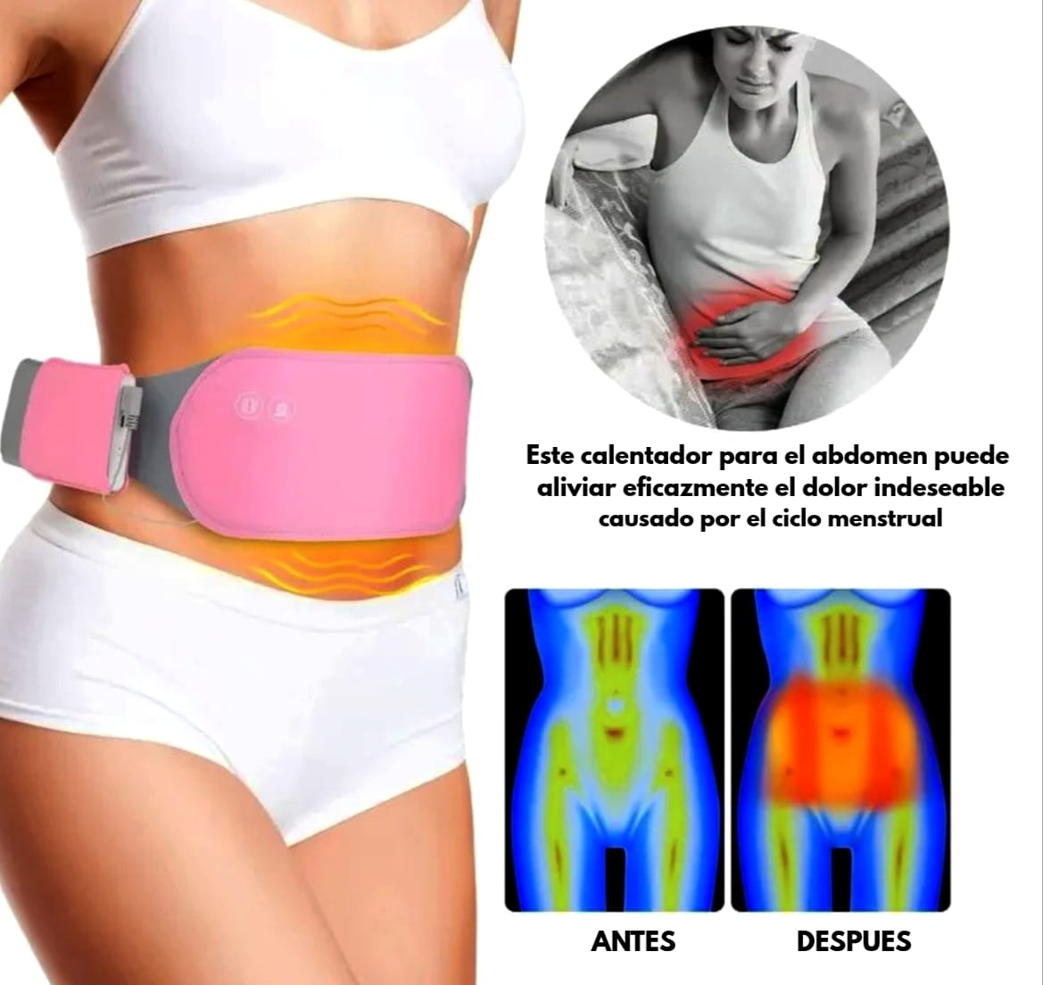 CINTURON TERMICO PORTATIL PARA COLICOS MENSTRUALES Y DOLOR ABDOMINAL
